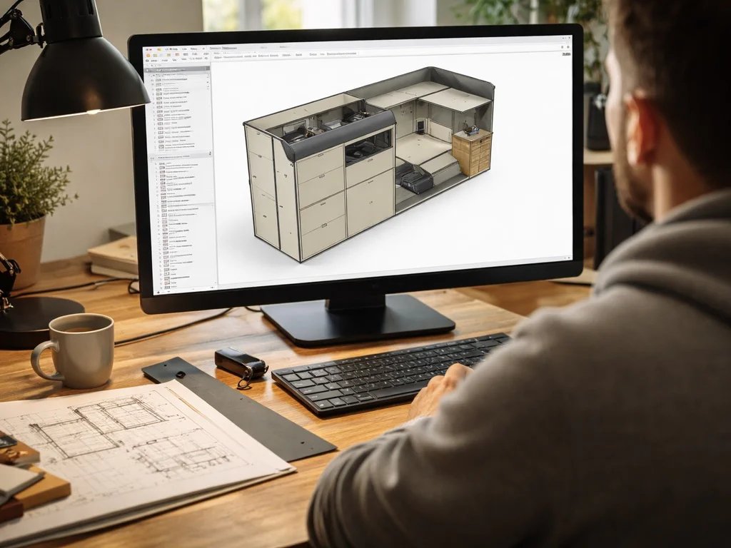 Planung eines Campervan-Ausbaus am Computer mit 3D-Entwurf