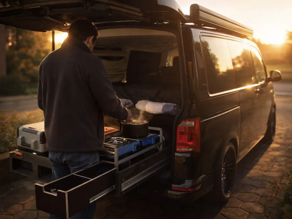 Kochen an Heckküche im Campervan bei Abendlicht